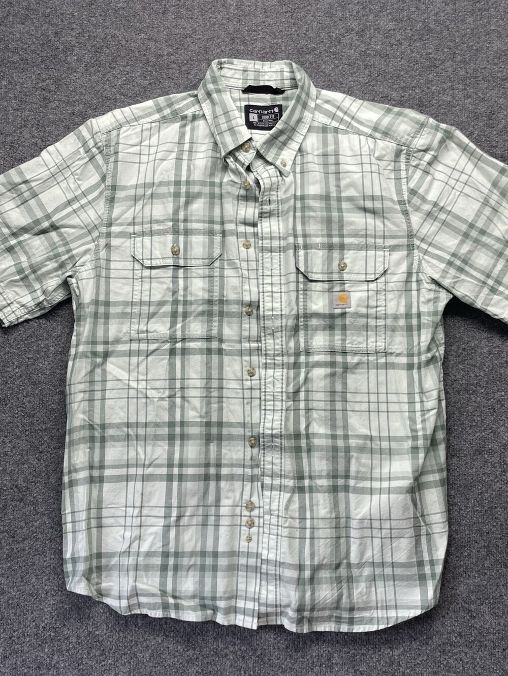 Carhartt Plaid Work Shirt Mens L Loose Fit Short Sleeve Green White 100% Cotton